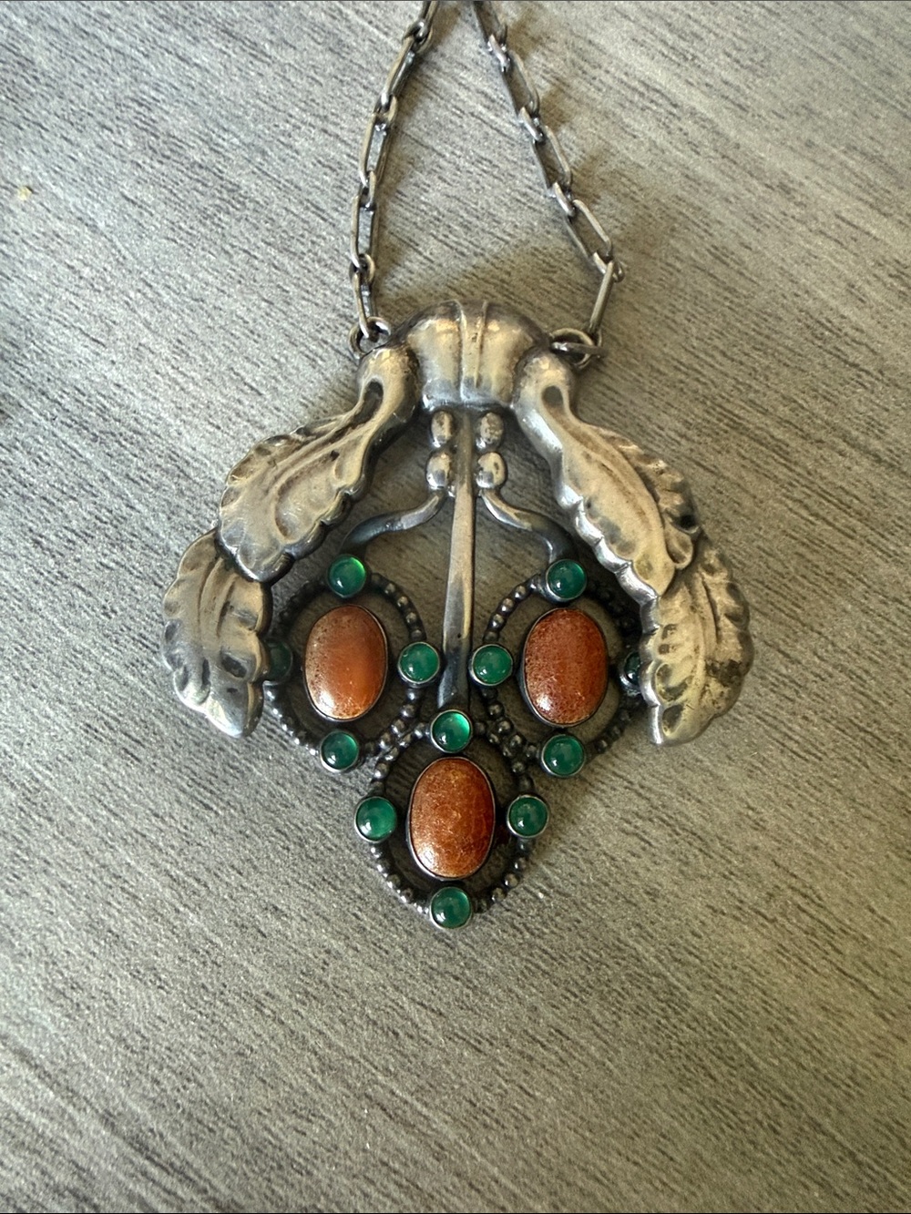 Georg Jensen Silver Pendant Necklace with Brown and Green Stones